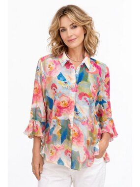 Lior Paris Floral Boho Artsy Blouse Bell Sleeves Womens L Multicolor Tencel Bld